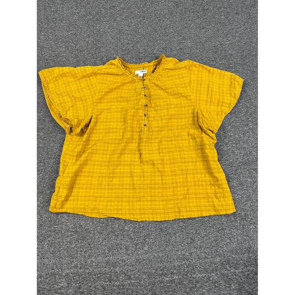 Sonoma Women's Sz L Mustard Yellow Plaid Button Front Short Flutter Sleeve Top - Picture 6 of 11